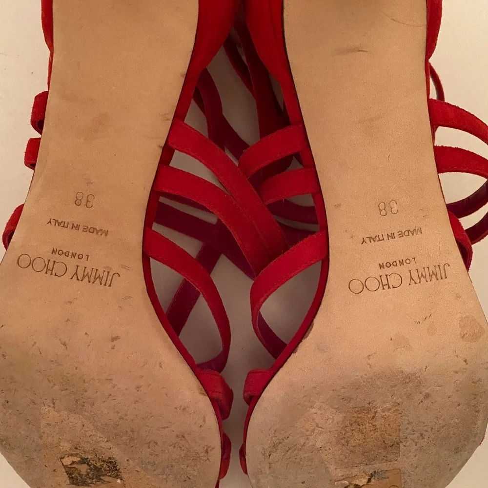 EUC JIMMY CHOO Red Suede Sandals IT 38 Fits like US 7 - Picture 7 of 11